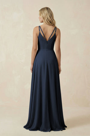 V - Neck A - Line Chiffon Bridesmaid Dress with Crisscross Back in Dark Navy - KissProm Bridesmaid Dresses