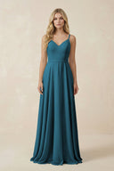 V - Neck A - Line Chiffon Bridesmaid Dress with Crisscross Back in Dark Teal - KissProm Bridesmaid Dresses