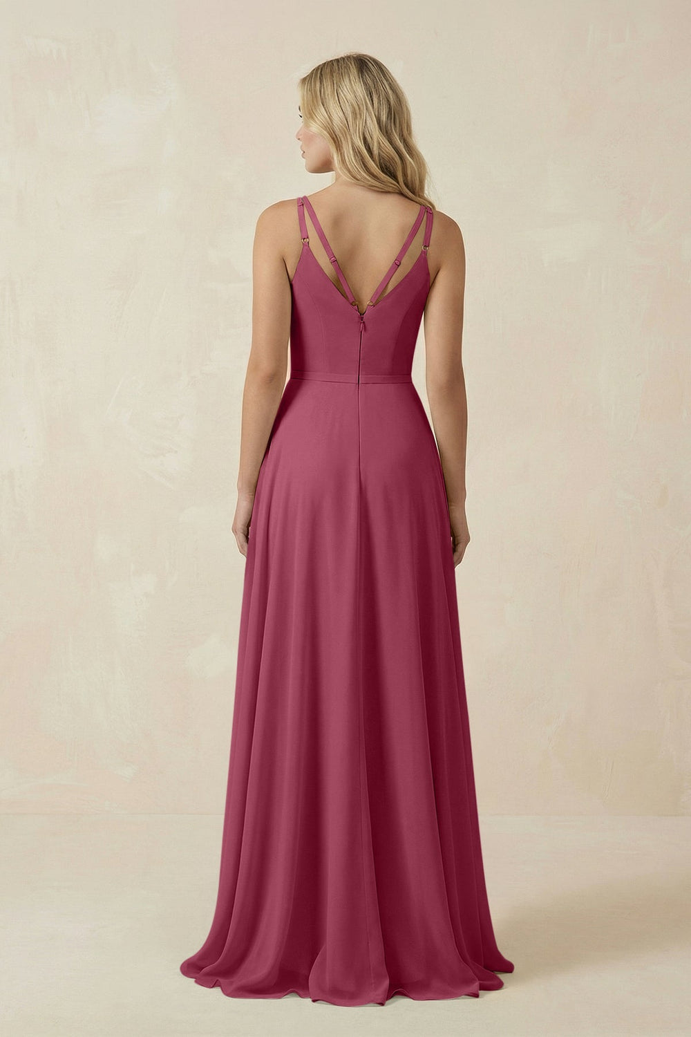 V - Neck A - Line Chiffon Bridesmaid Dress with Crisscross Back in Desert Rose - KissProm Bridesmaid Dresses