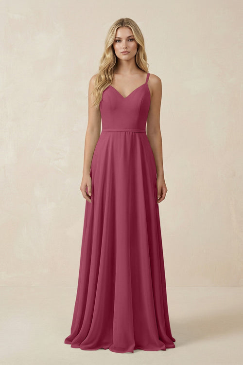 V - Neck A - Line Chiffon Bridesmaid Dress with Crisscross Back in Desert Rose - KissProm Bridesmaid Dresses