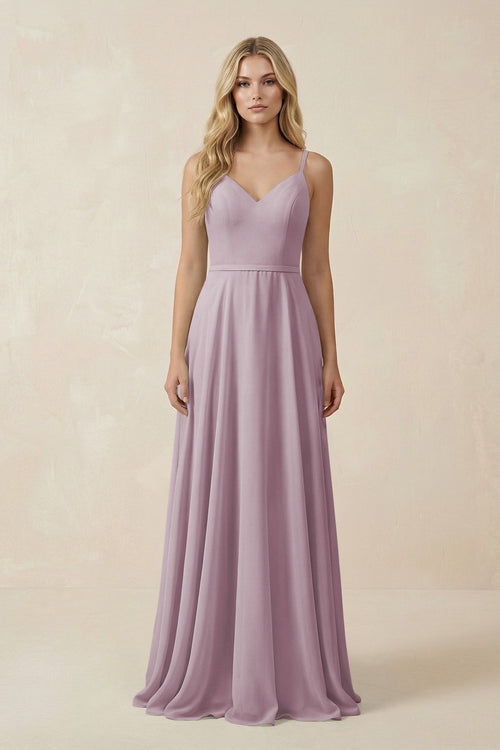 V - Neck A - Line Chiffon Bridesmaid Dress with Crisscross Back in Dusk - KissProm Bridesmaid Dresses