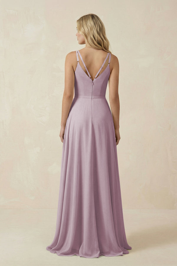 V - Neck A - Line Chiffon Bridesmaid Dress with Crisscross Back in Dusk - KissProm Bridesmaid Dresses