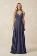 V - Neck A - Line Chiffon Bridesmaid Dress with Crisscross Back in Dusk Blue - KissProm Bridesmaid Dresses