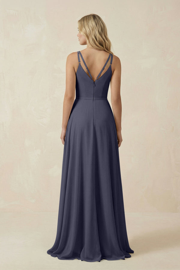 V - Neck A - Line Chiffon Bridesmaid Dress with Crisscross Back in Dusk Blue - KissProm Bridesmaid Dresses