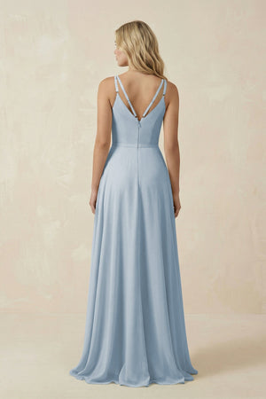V - Neck A - Line Chiffon Bridesmaid Dress with Crisscross Back in Dusty Blue - KissProm Bridesmaid Dresses