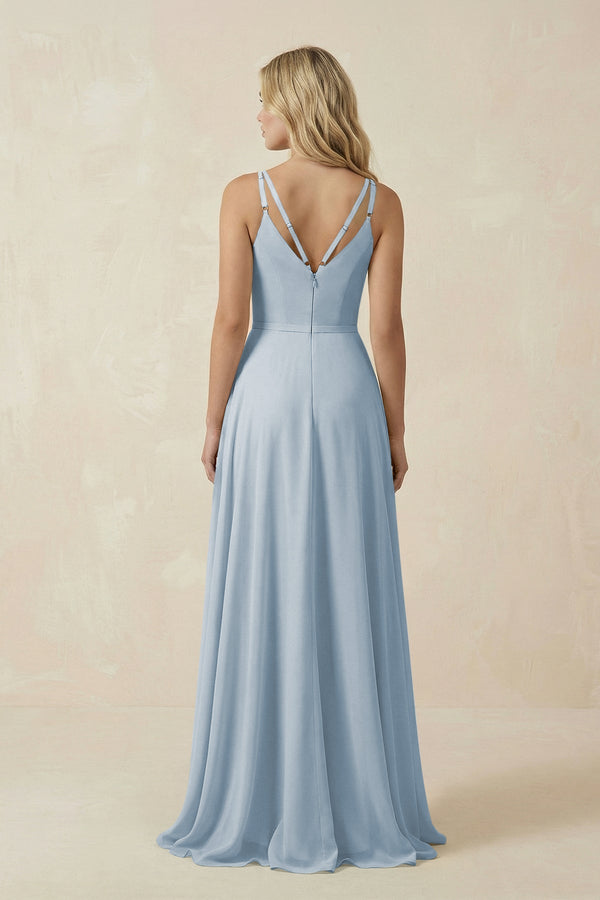 V - Neck A - Line Chiffon Bridesmaid Dress with Crisscross Back in Dusty Blue - KissProm Bridesmaid Dresses