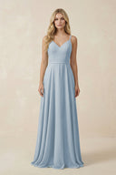 V - Neck A - Line Chiffon Bridesmaid Dress with Crisscross Back in Dusty Blue - KissProm Bridesmaid Dresses
