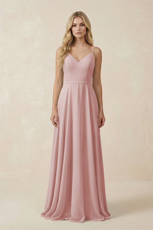 V - Neck A - Line Chiffon Bridesmaid Dress with Crisscross Back in Dusty Rose - KissProm Bridesmaid Dresses