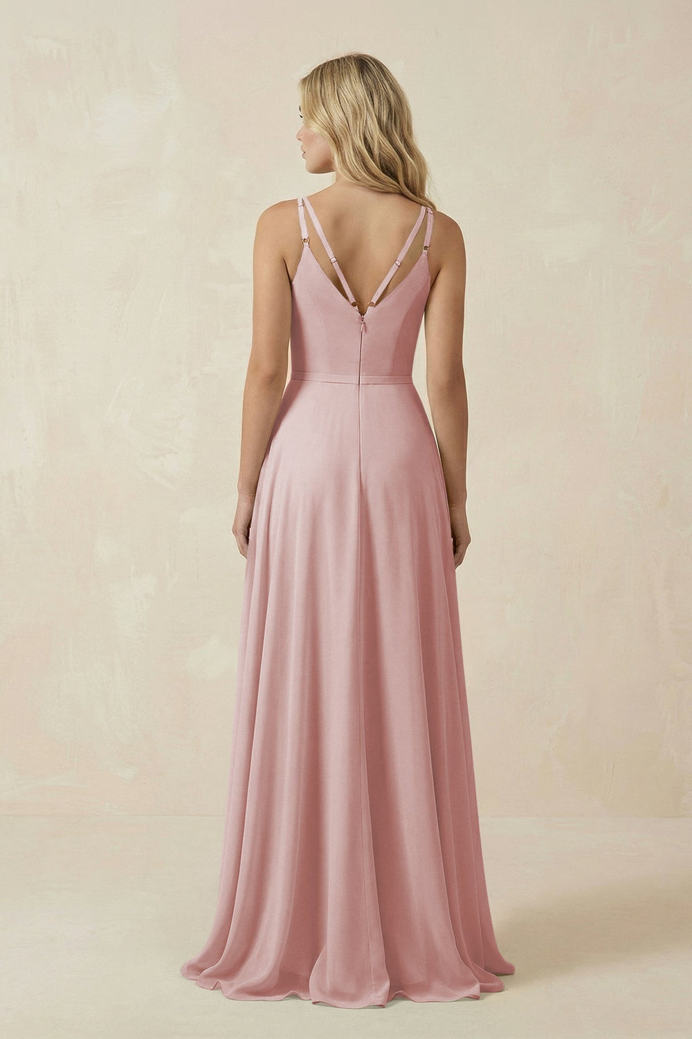 V - Neck A - Line Chiffon Bridesmaid Dress with Crisscross Back in Dusty Rose - KissProm Bridesmaid Dresses