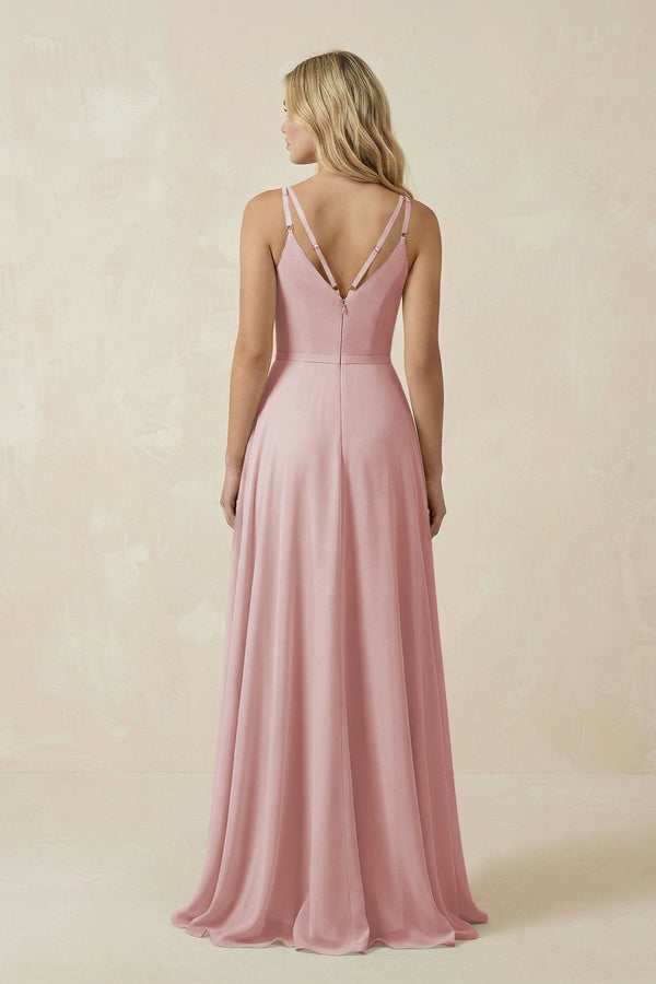 V - Neck A - Line Chiffon Bridesmaid Dress with Crisscross Back in Dusty Rose - KissProm Bridesmaid Dresses