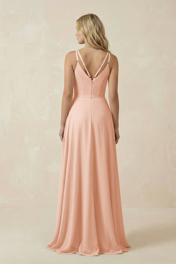 KissProm V-Neck A-Line Chiffon Bridesmaid Dress with Crisscross Back in English Rose, English Rose / Custom Size( Free )