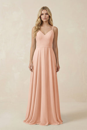V - Neck A - Line Chiffon Bridesmaid Dress with Crisscross Back in English Rose - KissProm Bridesmaid Dresses