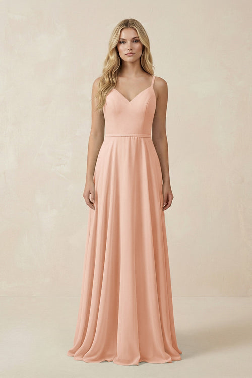 V - Neck A - Line Chiffon Bridesmaid Dress with Crisscross Back in English Rose - KissProm Bridesmaid Dresses