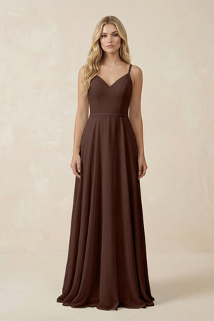 V - Neck A - Line Chiffon Bridesmaid Dress with Crisscross Back in Espresso - KissProm Bridesmaid Dresses