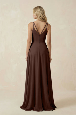 V - Neck A - Line Chiffon Bridesmaid Dress with Crisscross Back in Espresso - KissProm Bridesmaid Dresses