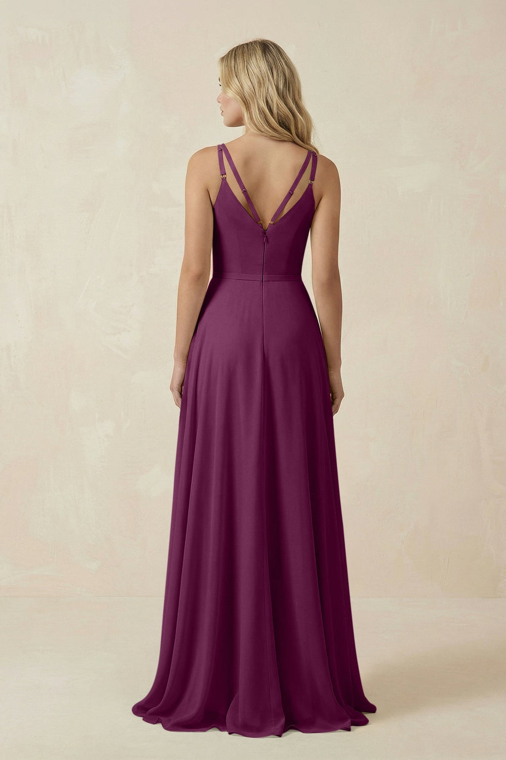 V - Neck A - Line Chiffon Bridesmaid Dress with Crisscross Back in Fig - KissProm Bridesmaid Dresses