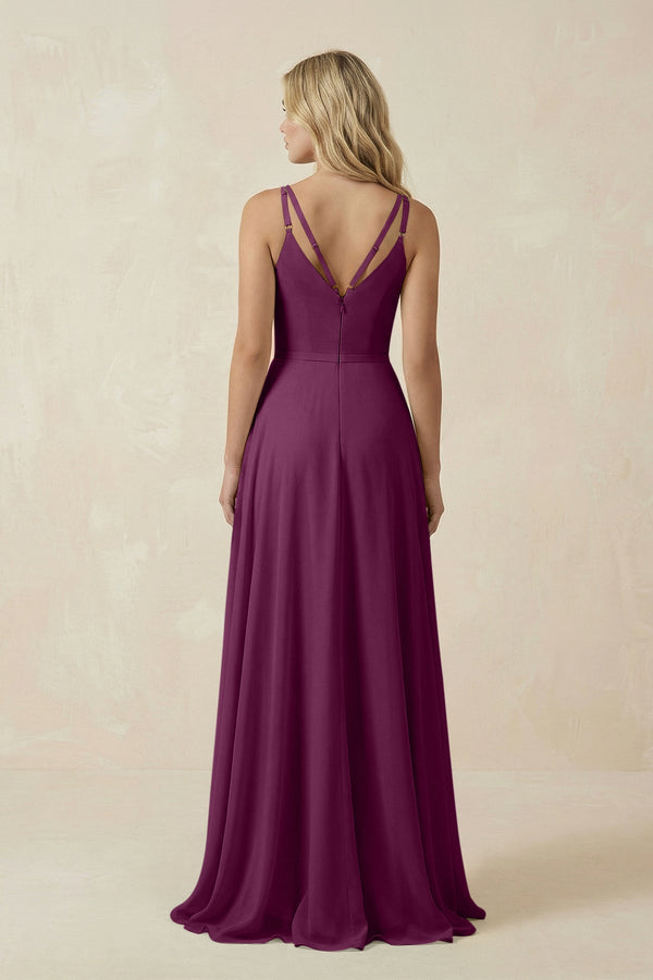 V - Neck A - Line Chiffon Bridesmaid Dress with Crisscross Back in Fig - KissProm Bridesmaid Dresses