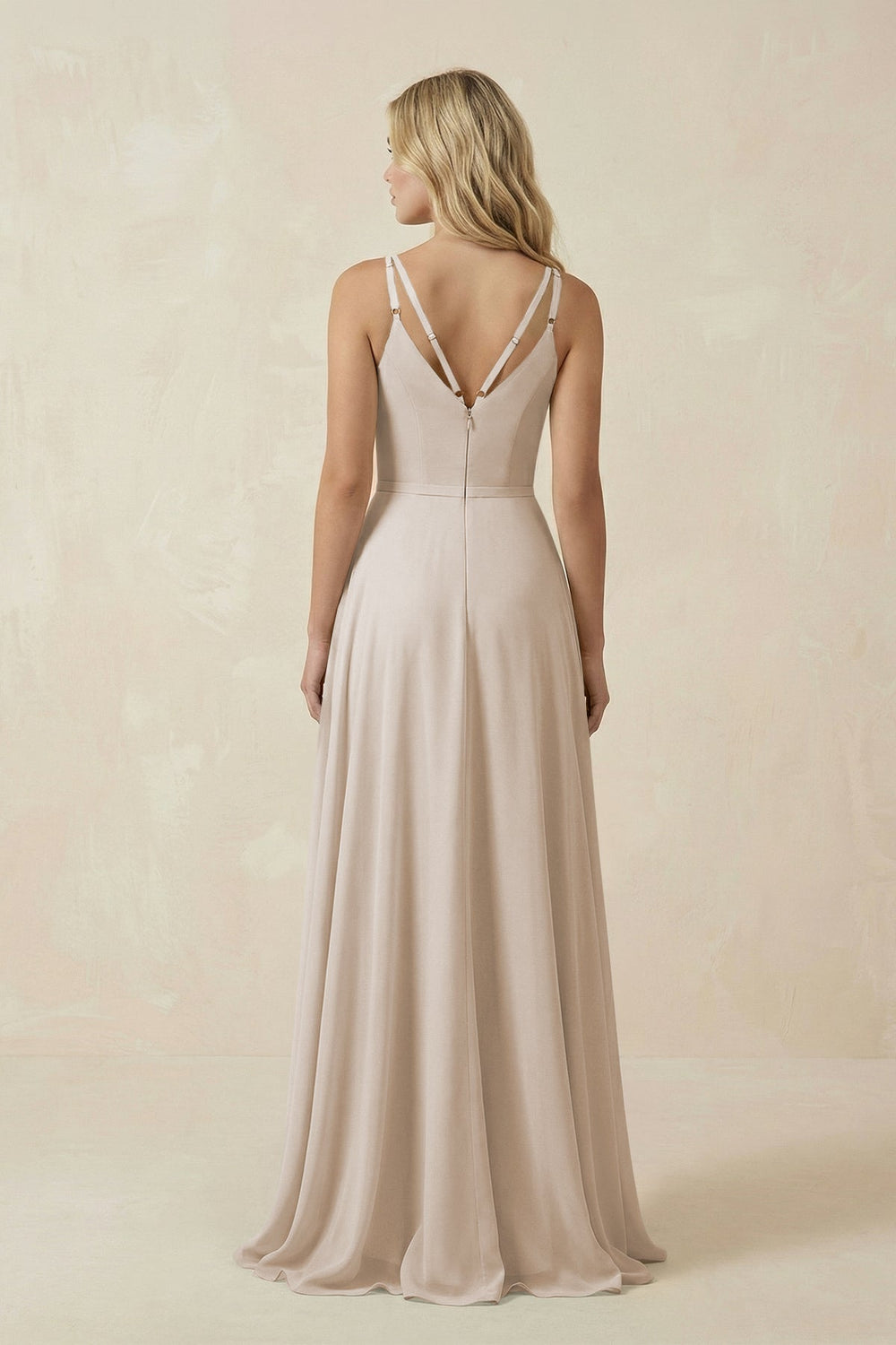 V - Neck A - Line Chiffon Bridesmaid Dress with Crisscross Back in Frost - KissProm Bridesmaid Dresses