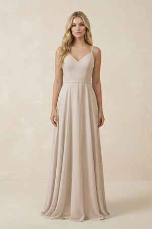 V - Neck A - Line Chiffon Bridesmaid Dress with Crisscross Back in Frost - KissProm Bridesmaid Dresses