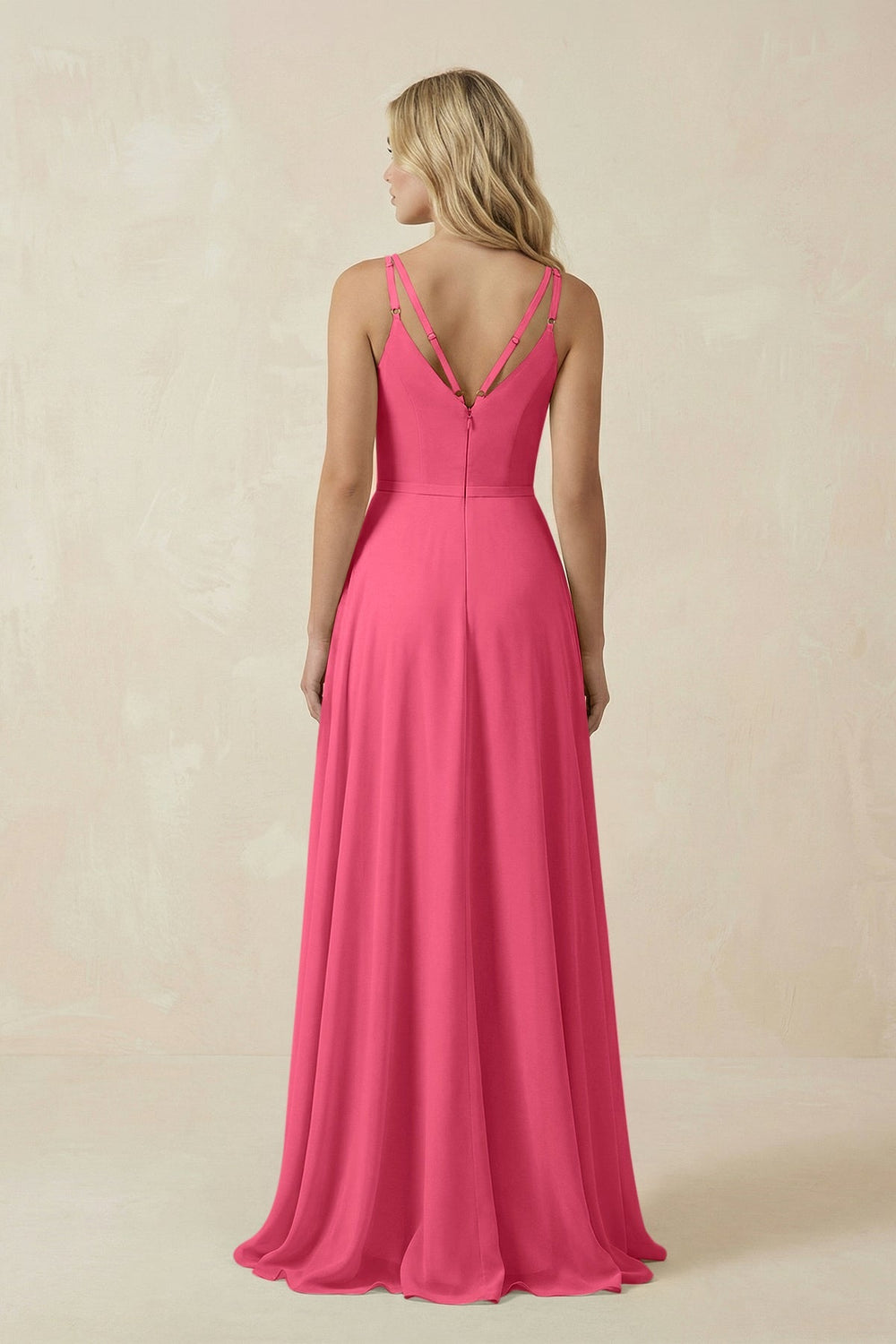 V - Neck A - Line Chiffon Bridesmaid Dress with Crisscross Back in Fuchsia - KissProm Bridesmaid Dresses