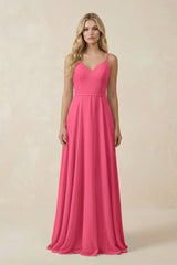 V - Neck A - Line Chiffon Bridesmaid Dress with Crisscross Back in Fuchsia - KissProm Bridesmaid Dresses