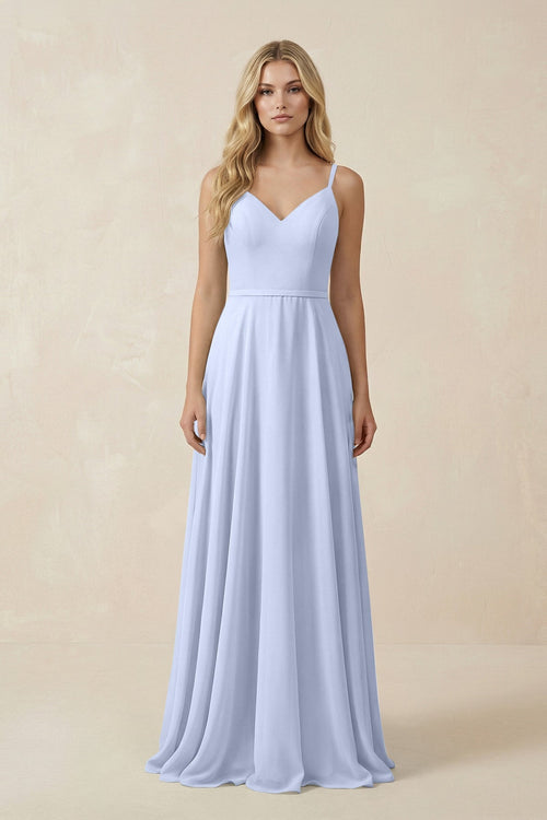 V - Neck A - Line Chiffon Bridesmaid Dress with Crisscross Back in Ice - KissProm Bridesmaid Dresses