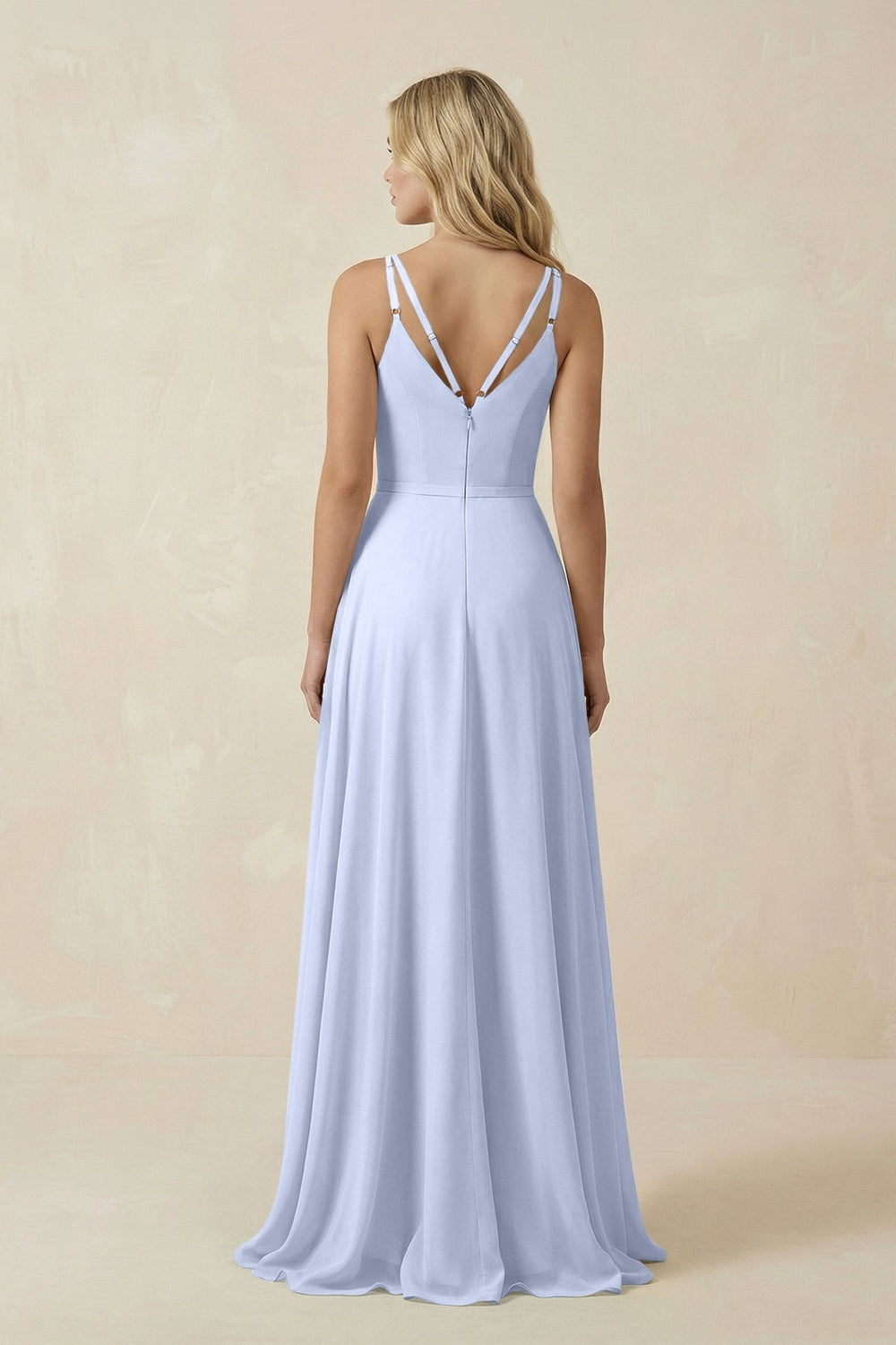 V - Neck A - Line Chiffon Bridesmaid Dress with Crisscross Back in Ice - KissProm Bridesmaid Dresses