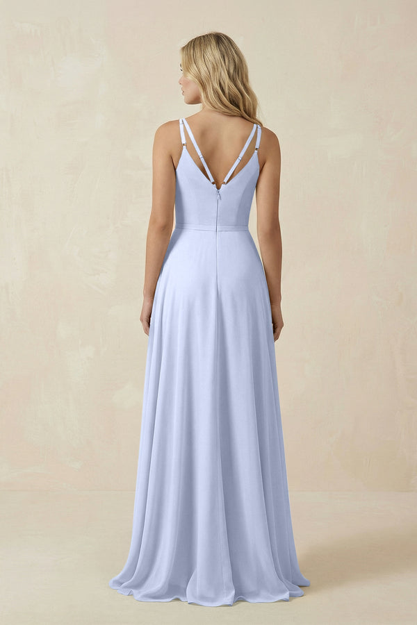V - Neck A - Line Chiffon Bridesmaid Dress with Crisscross Back in Ice - KissProm Bridesmaid Dresses