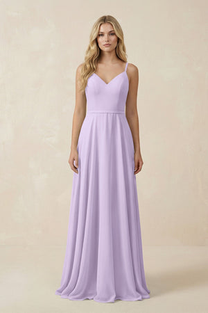 V - Neck A - Line Chiffon Bridesmaid Dress with Crisscross Back in Lavender - KissProm Bridesmaid Dresses
