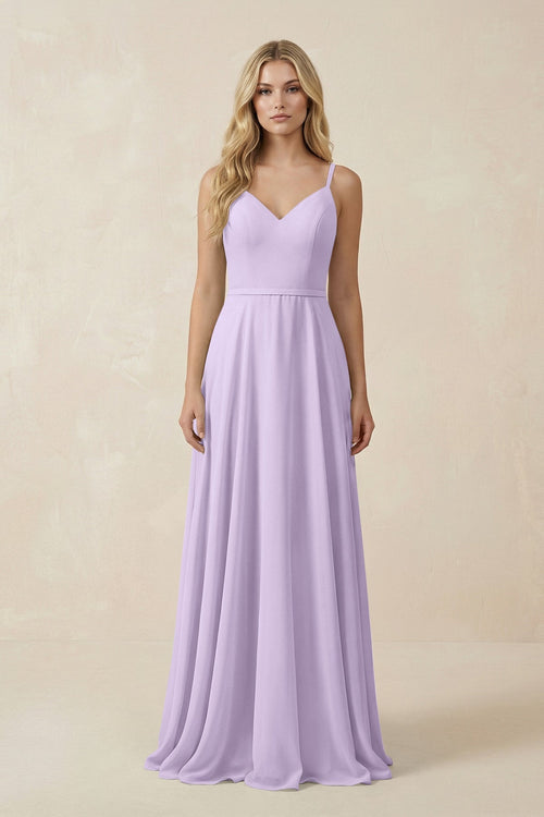 V - Neck A - Line Chiffon Bridesmaid Dress with Crisscross Back in Lavender - KissProm Bridesmaid Dresses