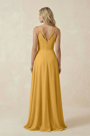 V - Neck A - Line Chiffon Bridesmaid Dress with Crisscross Back in Marigold - KissProm Bridesmaid Dresses