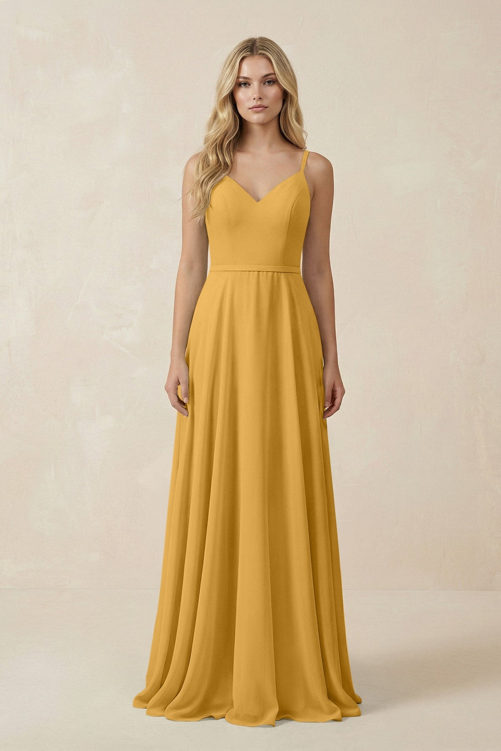 V - Neck A - Line Chiffon Bridesmaid Dress with Crisscross Back in Marigold - KissProm Bridesmaid Dresses