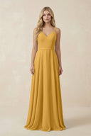 V - Neck A - Line Chiffon Bridesmaid Dress with Crisscross Back in Marigold - KissProm Bridesmaid Dresses