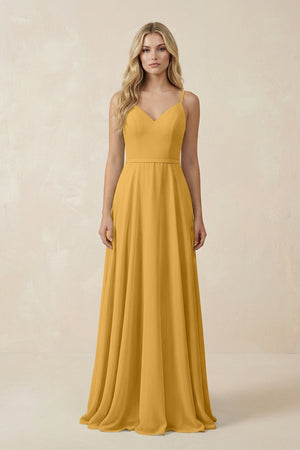 V - Neck A - Line Chiffon Bridesmaid Dress with Crisscross Back in Marigold - KissProm Bridesmaid Dresses