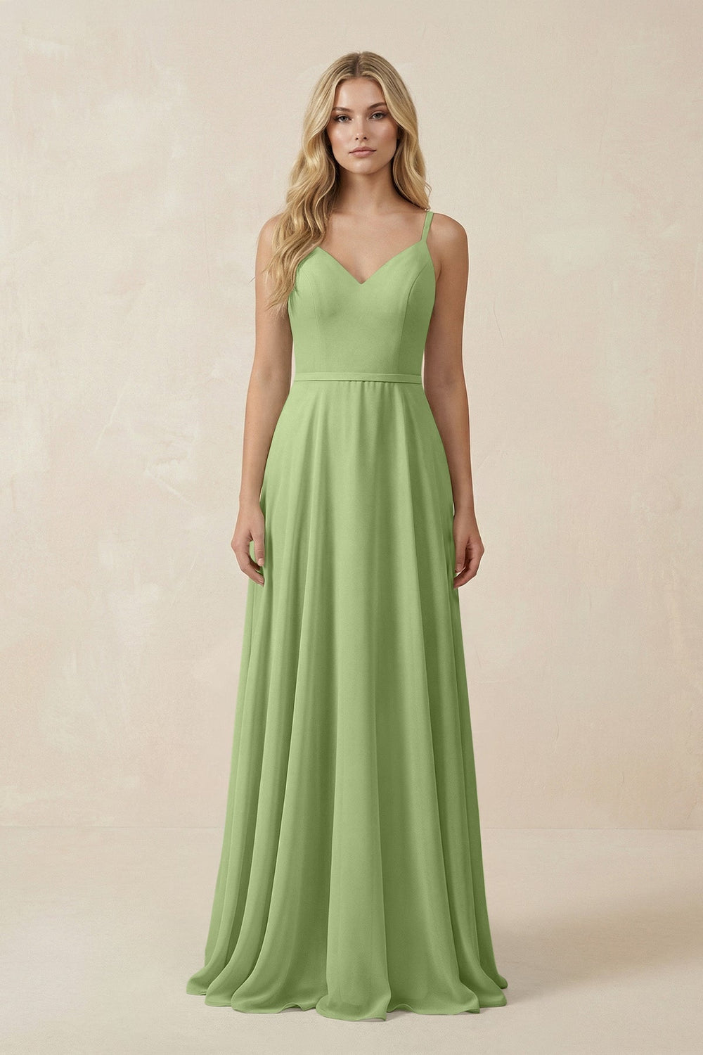 V - Neck A - Line Chiffon Bridesmaid Dress with Crisscross Back in Matcha - KissProm Bridesmaid Dresses