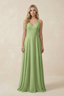 V - Neck A - Line Chiffon Bridesmaid Dress with Crisscross Back in Matcha - KissProm Bridesmaid Dresses