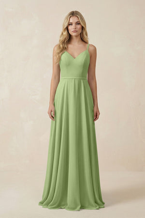 V - Neck A - Line Chiffon Bridesmaid Dress with Crisscross Back in Matcha - KissProm Bridesmaid Dresses