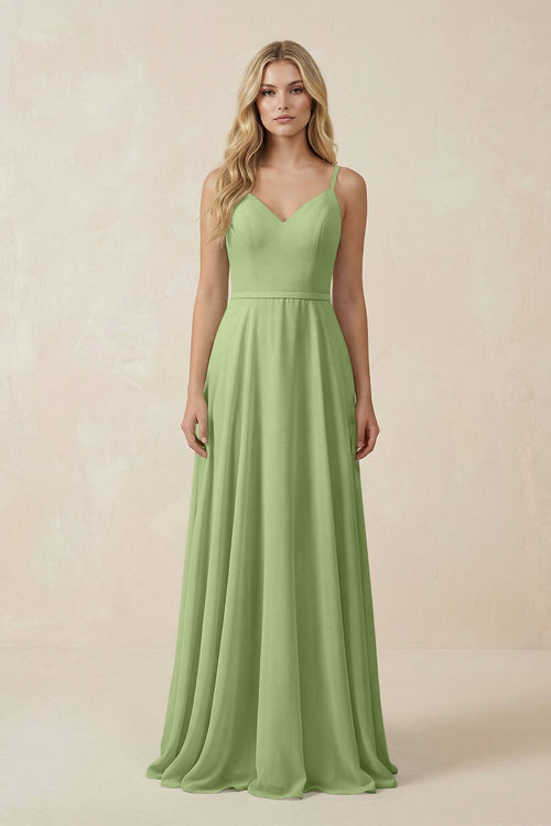 V - Neck A - Line Chiffon Bridesmaid Dress with Crisscross Back in Matcha - KissProm Bridesmaid Dresses