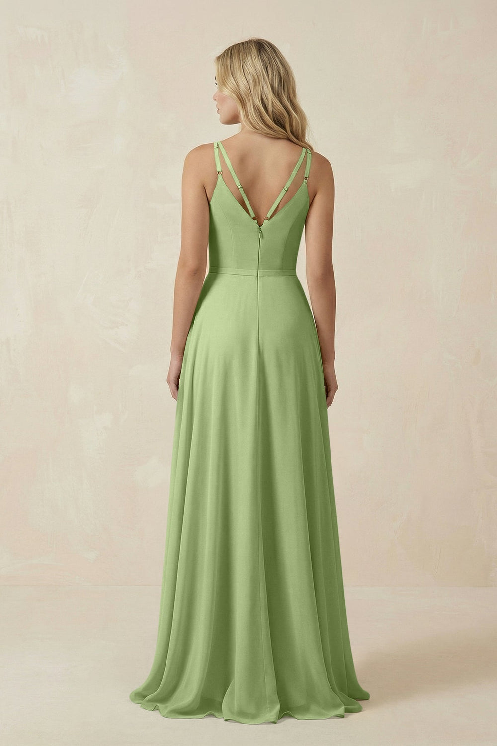 V - Neck A - Line Chiffon Bridesmaid Dress with Crisscross Back in Matcha - KissProm Bridesmaid Dresses
