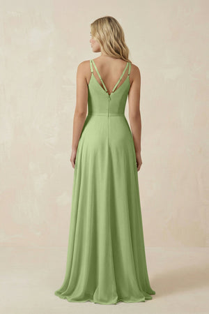 V - Neck A - Line Chiffon Bridesmaid Dress with Crisscross Back in Matcha - KissProm Bridesmaid Dresses