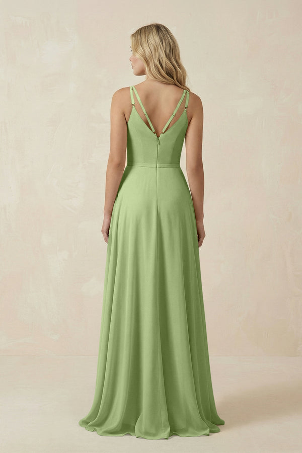 V - Neck A - Line Chiffon Bridesmaid Dress with Crisscross Back in Matcha - KissProm Bridesmaid Dresses