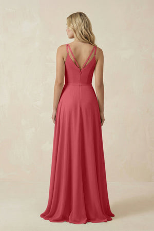 V - Neck A - Line Chiffon Bridesmaid Dress with Crisscross Back in Merlot - KissProm Bridesmaid Dresses