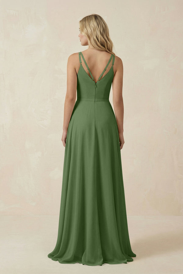 KissProm V-Neck A-Line Chiffon Bridesmaid Dress with Crisscross Back in Moss, Moss / Custom Size( Free )