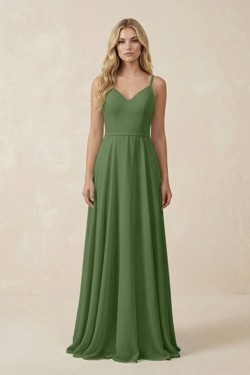 KissProm V-Neck A-Line Chiffon Bridesmaid Dress with Crisscross Back in Moss, Moss / Custom Size( Free )