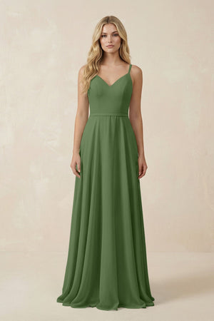 V - Neck A - Line Chiffon Bridesmaid Dress with Crisscross Back in Moss - KissProm Bridesmaid Dresses