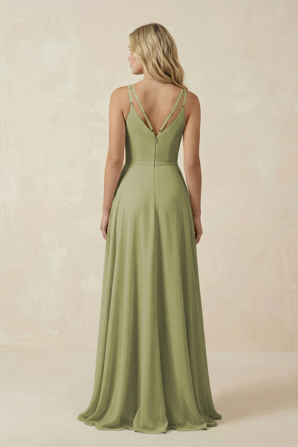V - Neck A - Line Chiffon Bridesmaid Dress with Crisscross Back in Moss Green - KissProm Bridesmaid Dresses