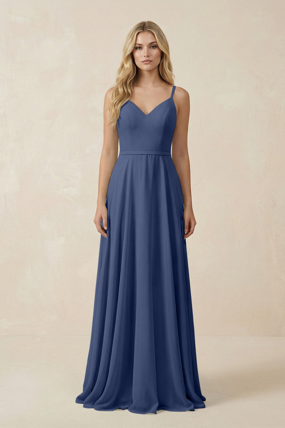 V - Neck A - Line Chiffon Bridesmaid Dress with Crisscross Back in Navy - KissProm Bridesmaid Dresses