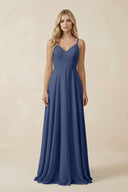 V - Neck A - Line Chiffon Bridesmaid Dress with Crisscross Back in Navy - KissProm Bridesmaid Dresses