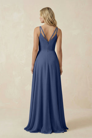V - Neck A - Line Chiffon Bridesmaid Dress with Crisscross Back in Navy - KissProm Bridesmaid Dresses