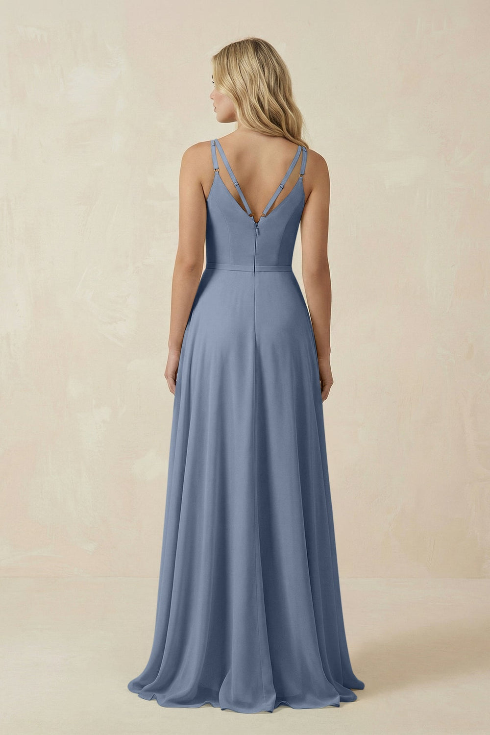 V - Neck A - Line Chiffon Bridesmaid Dress with Crisscross Back in Neptune - KissProm Bridesmaid Dresses